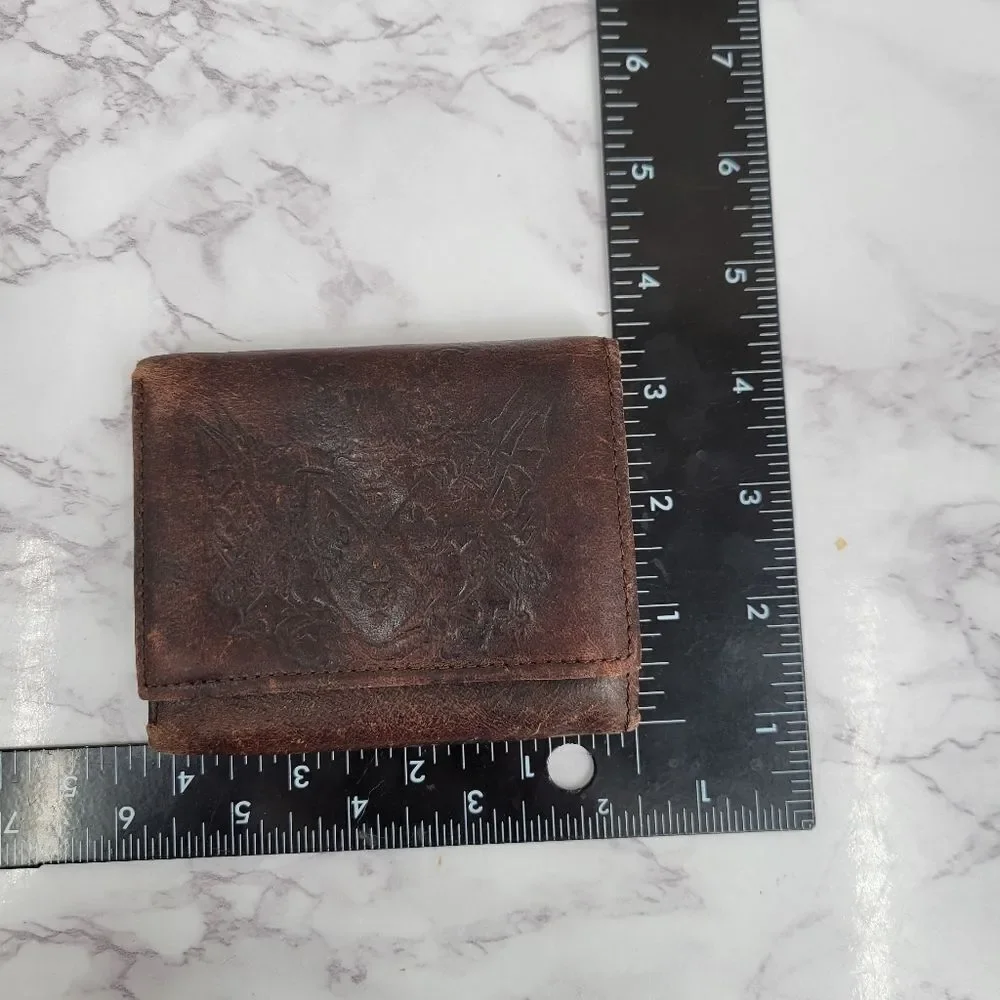 Faded Glory Vintage Brown Leather Wallet with Crest Dueling Dragons Embossed